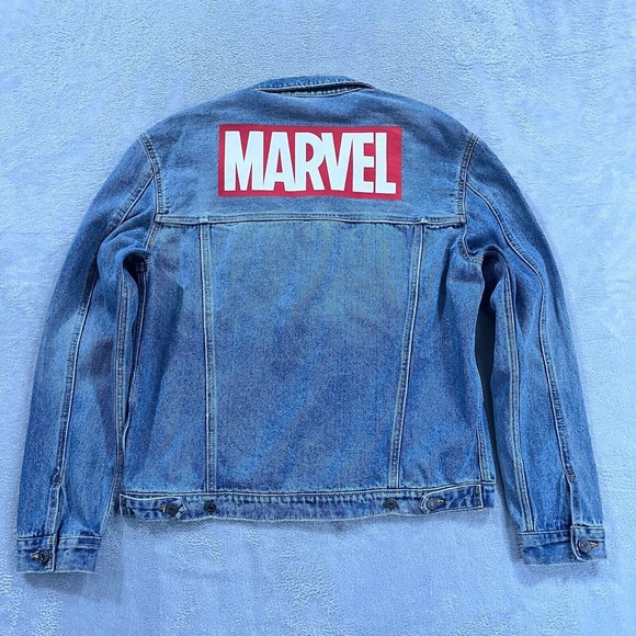 Marvel Jean Jacket Men L Blue Trucker Comic Big Spell Out Y2K Street - Picture 1 of 11